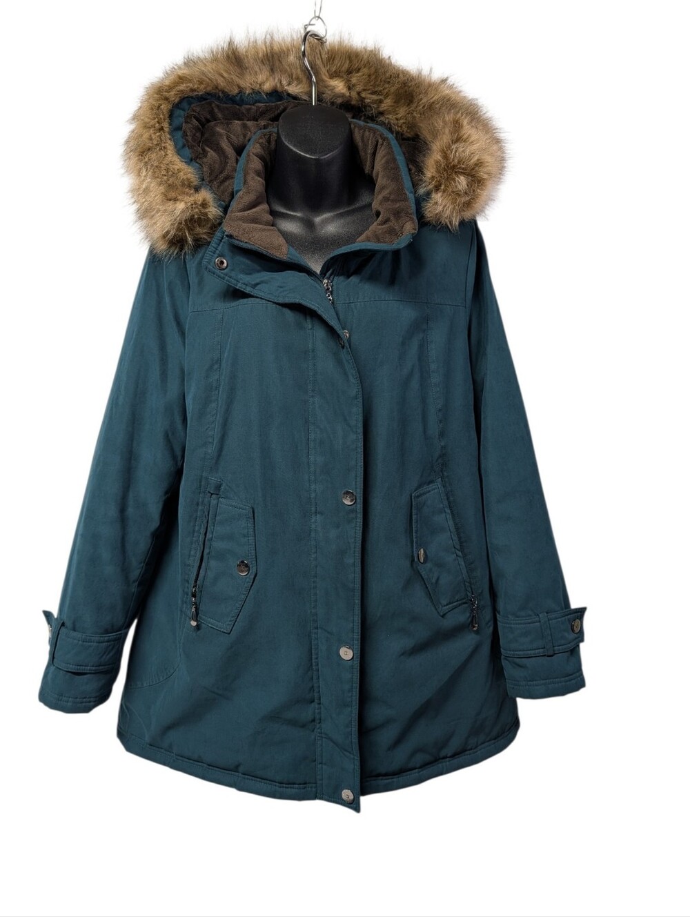 Mise Gallery Women Teal Removable Hood Parka Coat Faux Fur Trim Quilted Size M